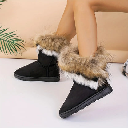 Faux Fur Mid-Calf Thermal Plush Lined Flat Outdoor Snow Boot