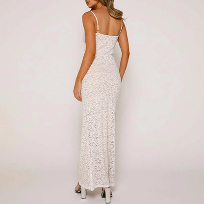 Elegant Solid Lace See Through Spaghetti Strap Sexy Backless Maxi Summer Party Dress