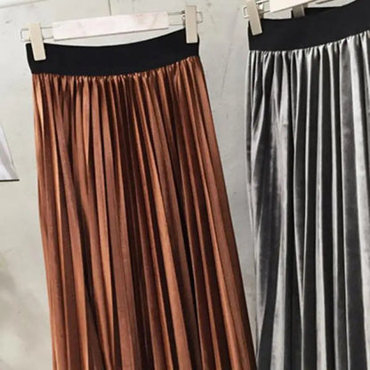 Metallic Silver Pleated High Waist Casual Party Skirt Midi Dresses