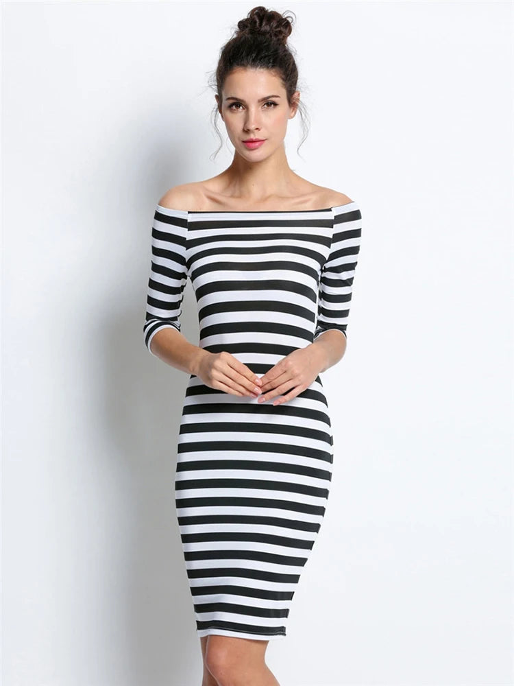 Spring Summer Woman Size Casual Stripe Off Shoulder Long Midi Dresses