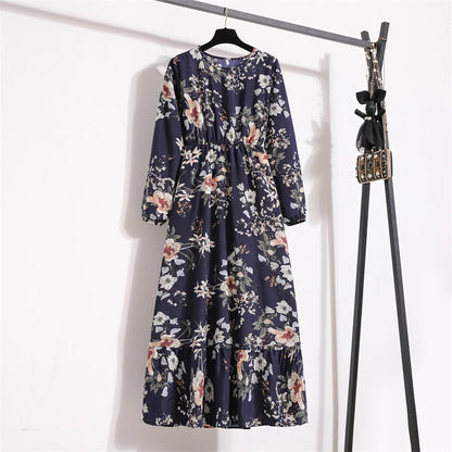 Spring Maxi Casual Full Floral Printed O-neck Woman Bohe Party Midi Dresses