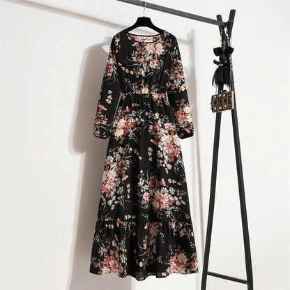 Spring Maxi Casual Full Floral Printed O-neck Woman Bohe Party Midi Dresses