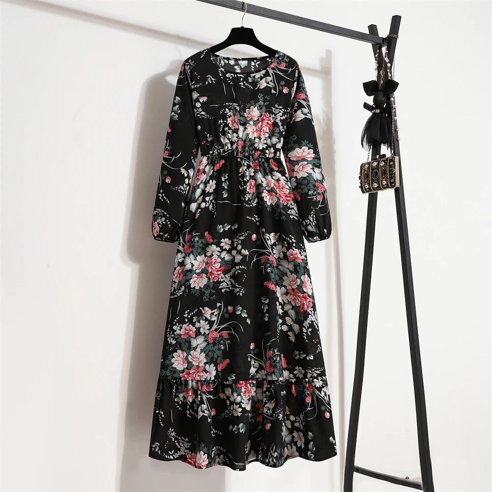 Spring Maxi Casual Full Floral Printed O-neck Woman Bohe Party Midi Dresses