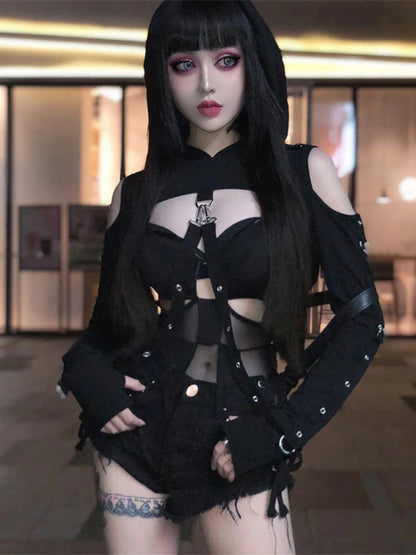 Streetwear Mall Goth Punk Halloween Harajuku Hollow Out Loose Dark Hipster Crop Top