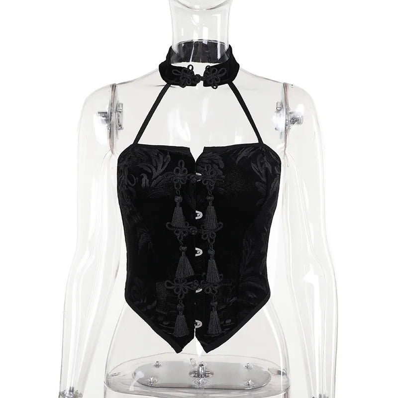 New Arrival Spicy Girl Gothic Style Sexy Choker Neck Black Button Crop Top