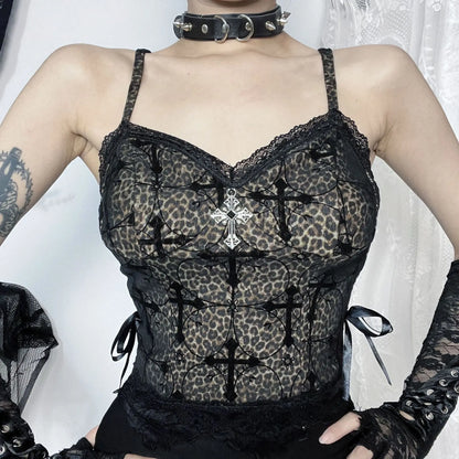 New Arrival Gothic Style Street Spicy Girl Versatile Plush Leopard Print Composite Strap Crop Top