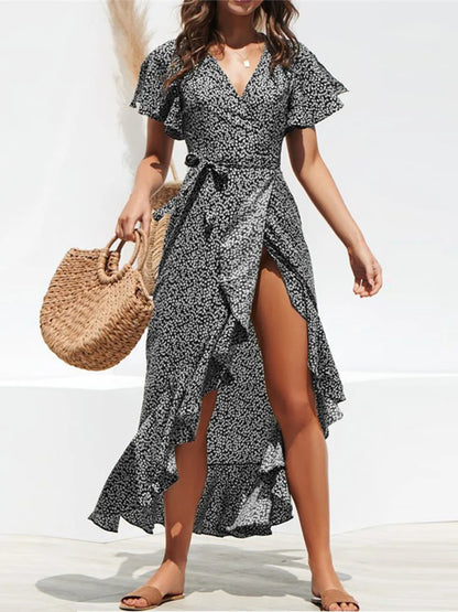 Summer Beach Floral Boho Chiffon Ruffles Wrap V-Neck Split Robe Femme Midi Dresses