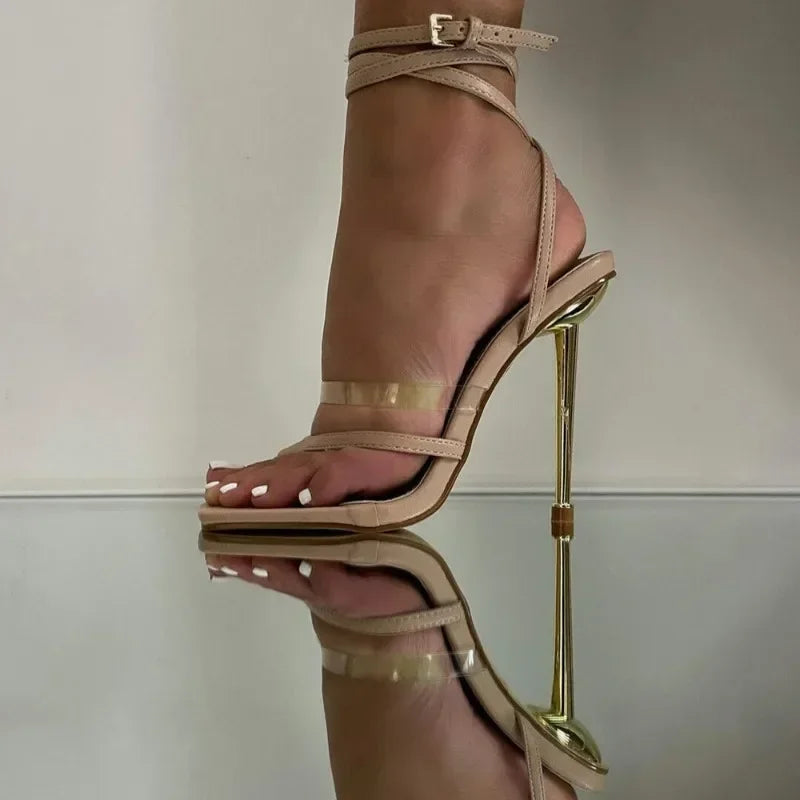 Summer Gladiator Square Head Peep Toe Narrow Band Metal Thin Heels High Heel