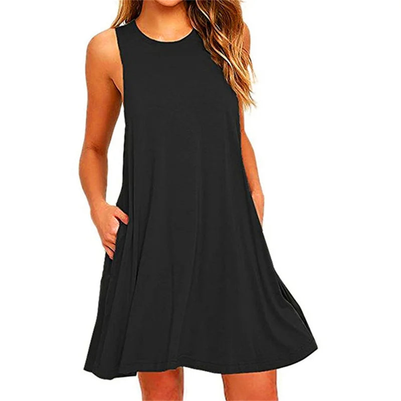 Women Sleeveless Ladies O-Neck Club Beach A-Line Mini Vestidos Midi Dresses