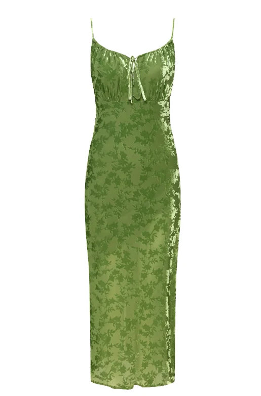 Green Velvet Burnt Flower Backless Boho Christmas Party Dress