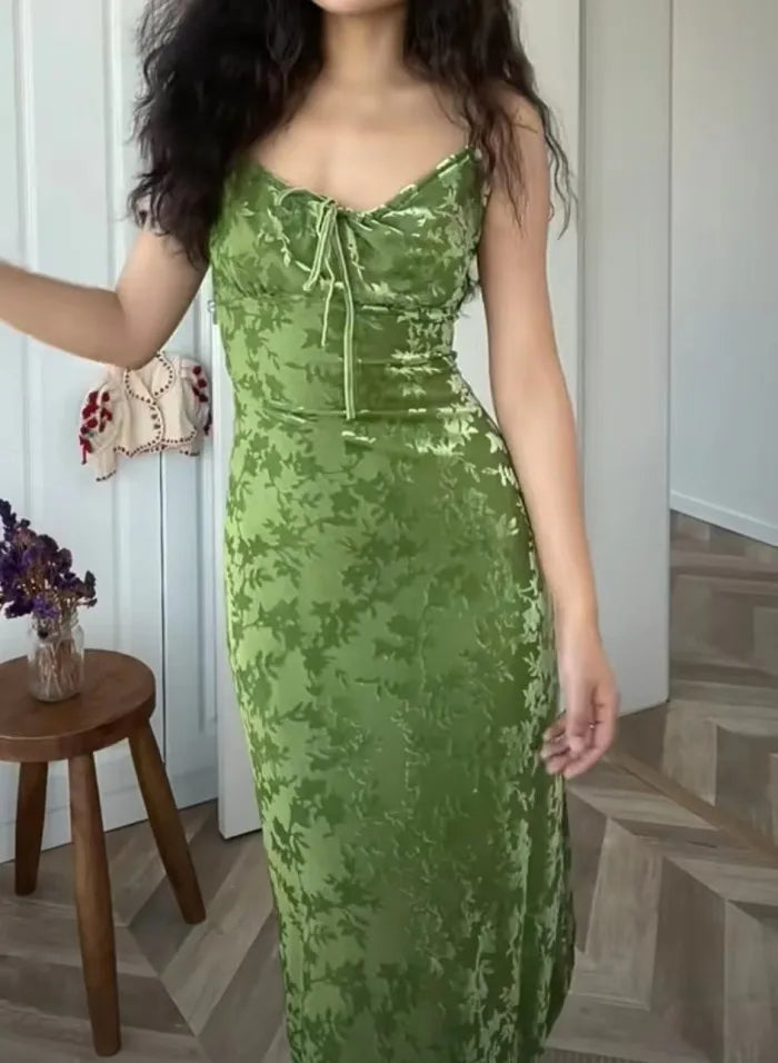 Green Velvet Burnt Flower Backless Boho Christmas Party Dress