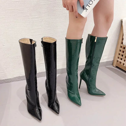 Stylish Pointed 12cm High-heeled Long Boots Stone Pattern Modern High Heel