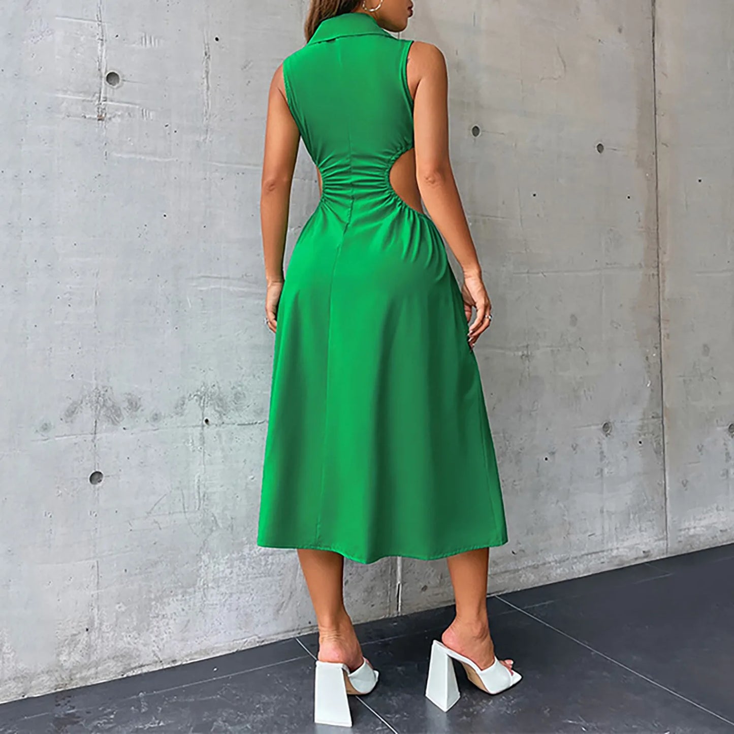 Tempting Sexy Cut Out A-Line Turn-Down Collar Sleeveless High Waist Slim Midi Dress