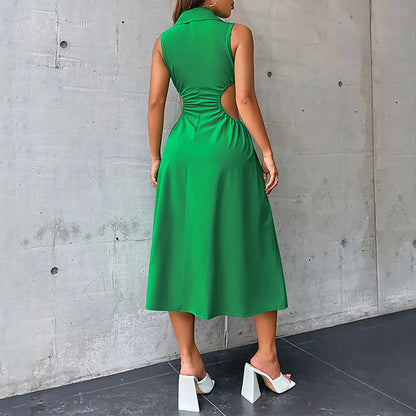 Tempting Sexy Cut Out A-Line Turn-Down Collar Sleeveless High Waist Slim Midi Dress