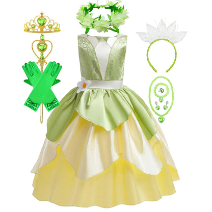 Tiana Dress Up Princess Cosplay Role Playing Party Sleeveless Carnival Halloween Kid Costume