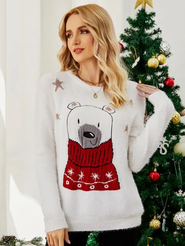 Christmas Cartoon Bear Embroidery Holiday Sweater