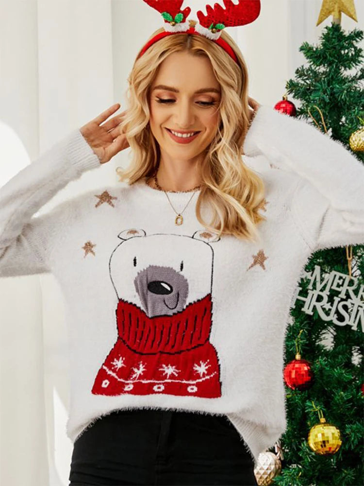 Christmas Cartoon Bear Embroidery Holiday Sweater