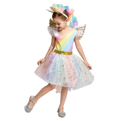 Unicorn Dress Girls Rainbow Princess Dance Ball Birthday Party Halloween Cosplay Costume Kid Costume