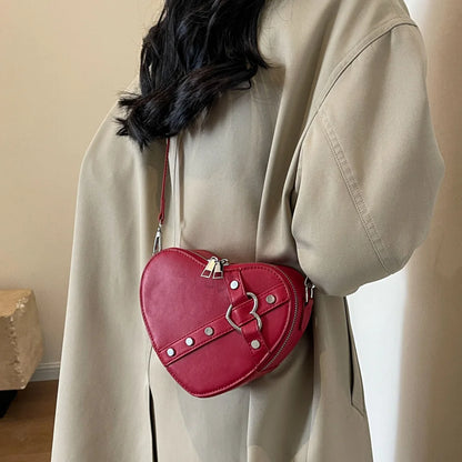 Vintage Y2K Small Chain Rivet Heart Shaped Red PU Leather Bag