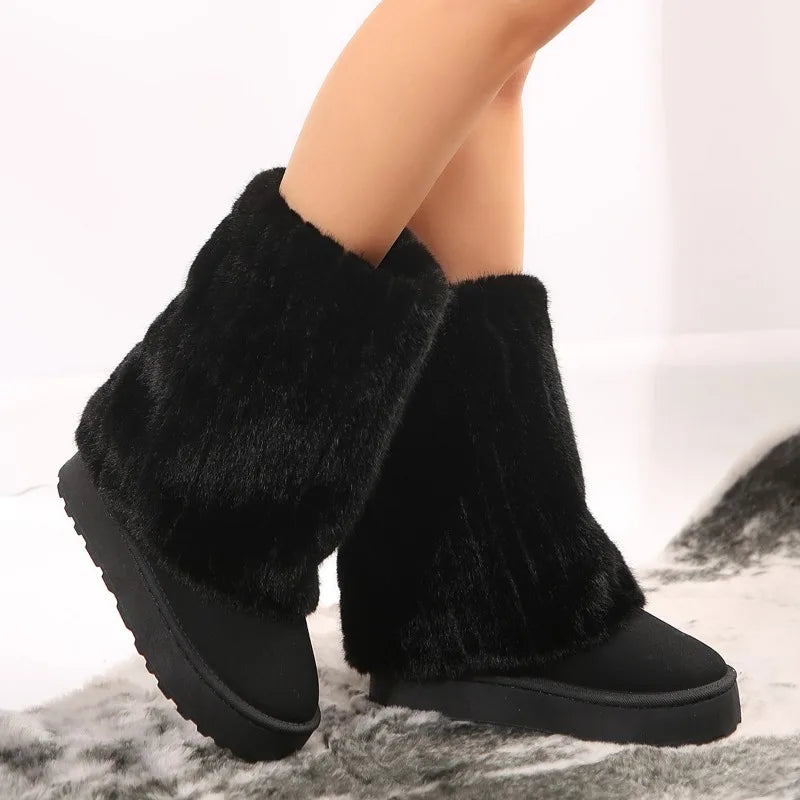 Winter Fashion Women's Plush Boots Faux Fur Warm and Comfortable Thick Soled Knee-High Boots Furry Cute Outdoor Snow Boots