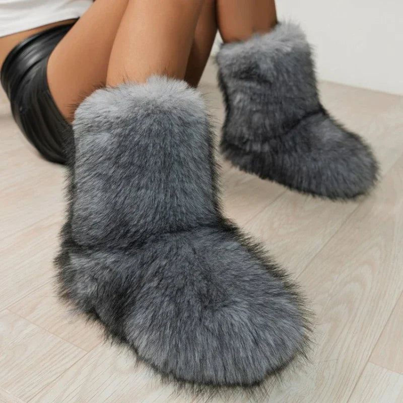 Winter Fuzzy Boots Women Furry Shoes Fluffy Fur Snow Boots Plush Lining Slip-on Rubber Flat Outdoor Bowtie Warm Ladies Footwear