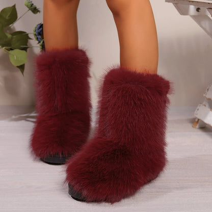 Winter Fuzzy Boots Women Furry Shoes Fluffy Fur Snow Boots Plush lining Slip-on Rubber Flat Outdoor Bowtie Warm Ladies Footwear