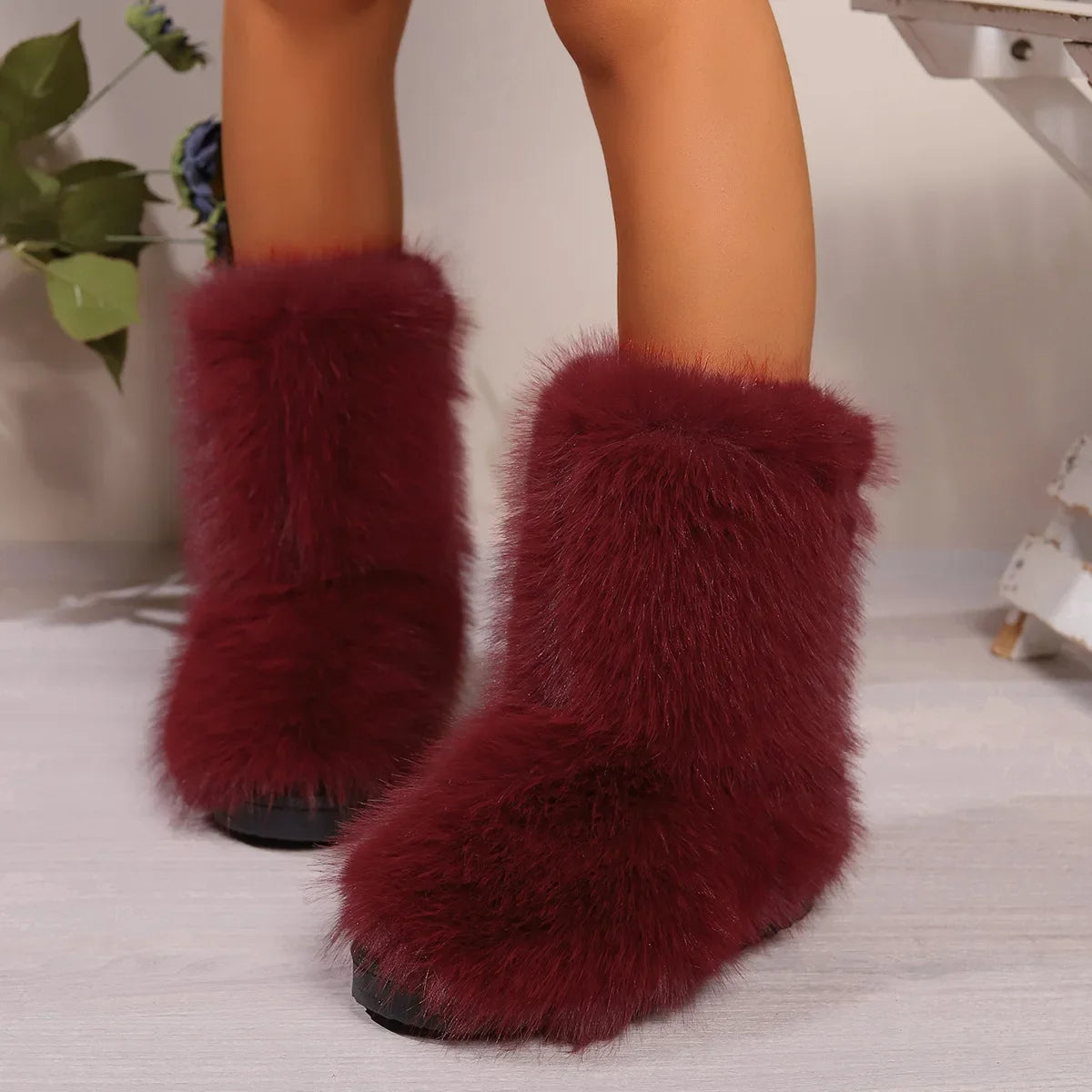 Fluffy Faux Fox Fur Plush Warm Luxury Furry Outdoor Snow Boot