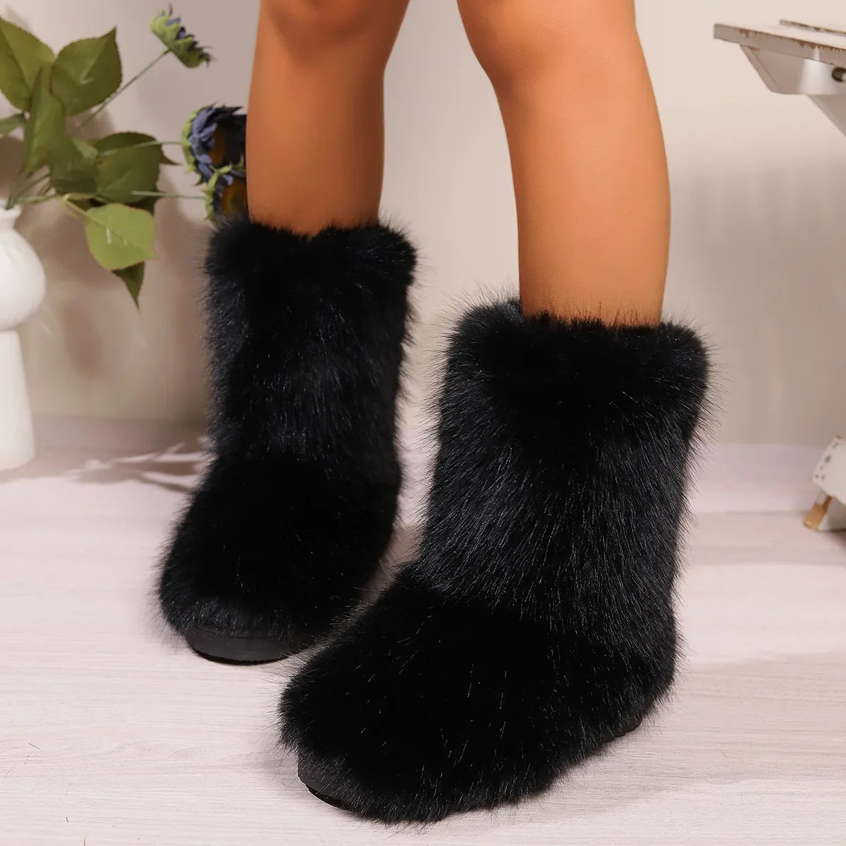 Fluffy Faux Fox Fur Plush Warm Luxury Furry Outdoor Snow Boot