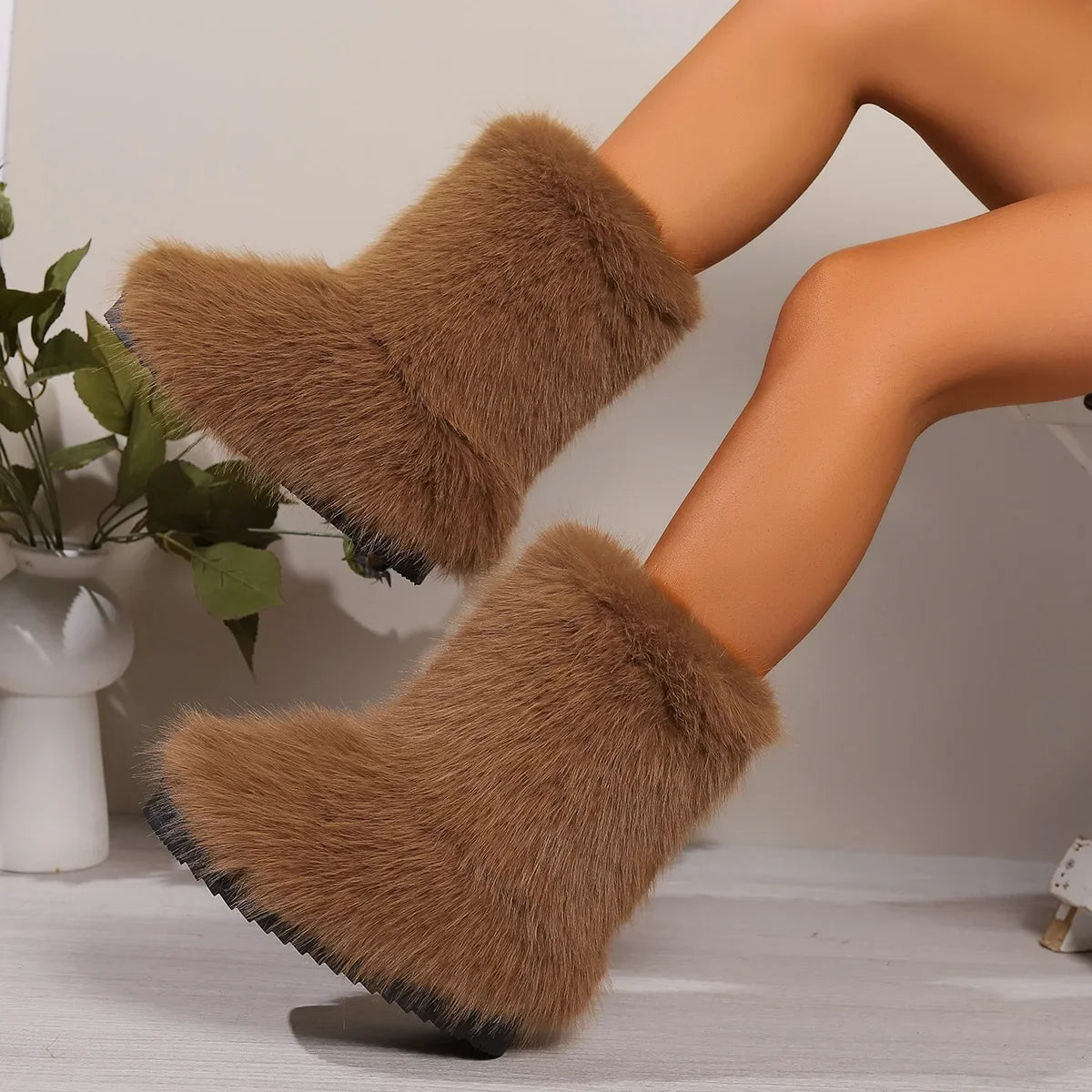 Fluffy Faux Fox Fur Plush Warm Luxury Furry Outdoor Snow Boot