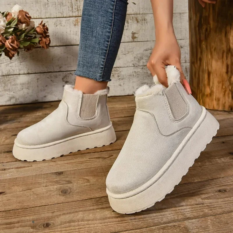 Short Plush Warm Suede Fur Chelsea Ankle Platform Ladies Snow Boot