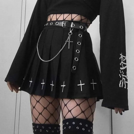 Women's High Waist Gothic Mini Ladies Cross Pattern Mini Pleated Dark Style Skirt