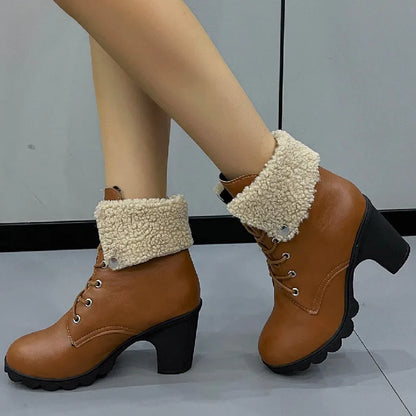 Fashion Solid Platform Chunky Heel Lace Up Classic Snow Boot