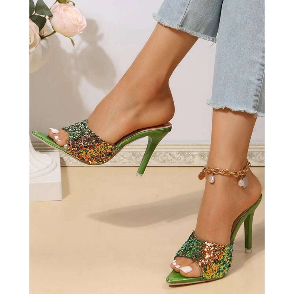 Bling Sequins Pointed Toe Thin Heeled Slip-On Femme Party Korean High Heel