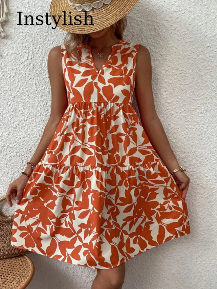 Women Boho Print Mini Elegant Sleeveless Ruffle A Line Tank Casual Beach Midi Dresses