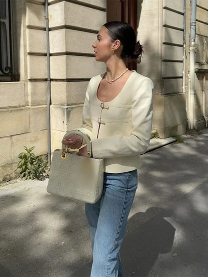 Elegant Single-breasted Short Fashion U-neck Long Sleeve Solid Slim Coat