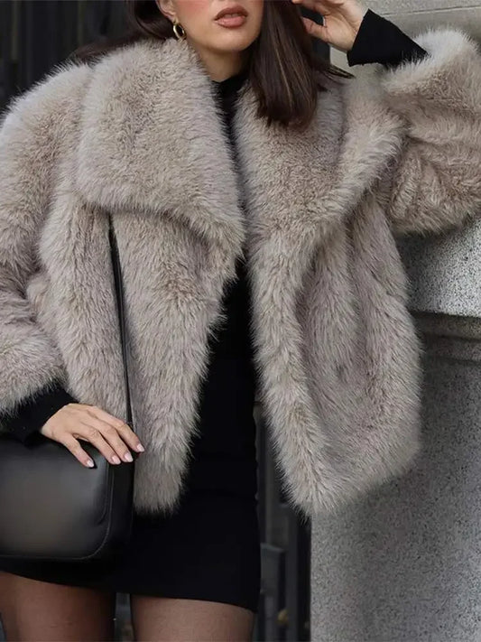 Fashion Faux Fur Solid Lapel Warm Chic Long Sleeve Crop Oversized Coat