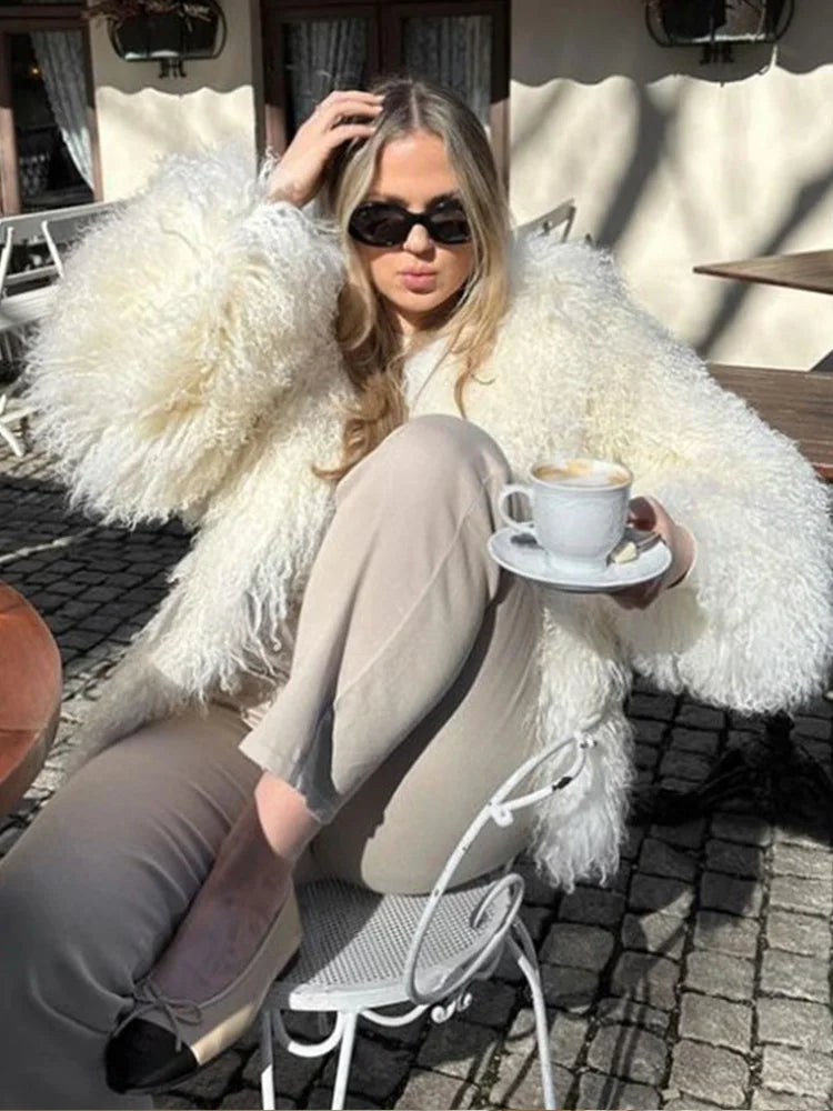 Fashion Faux Fur Solid Warm Chic O Neck Long Sleeve Crop Oversized Coat