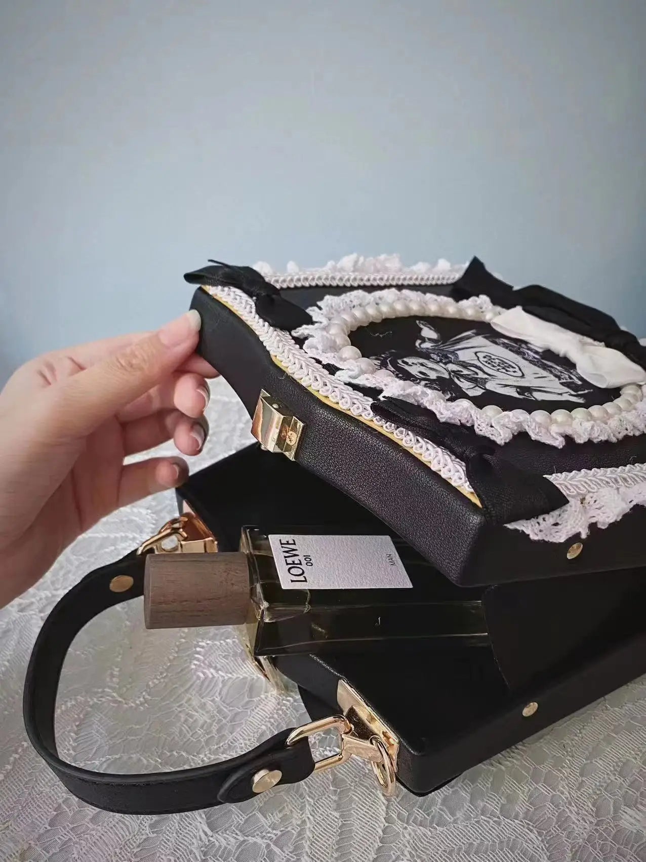 Vintage Punk Black White Doll Satchels Bowtie Imitation Pearl Lace Bag