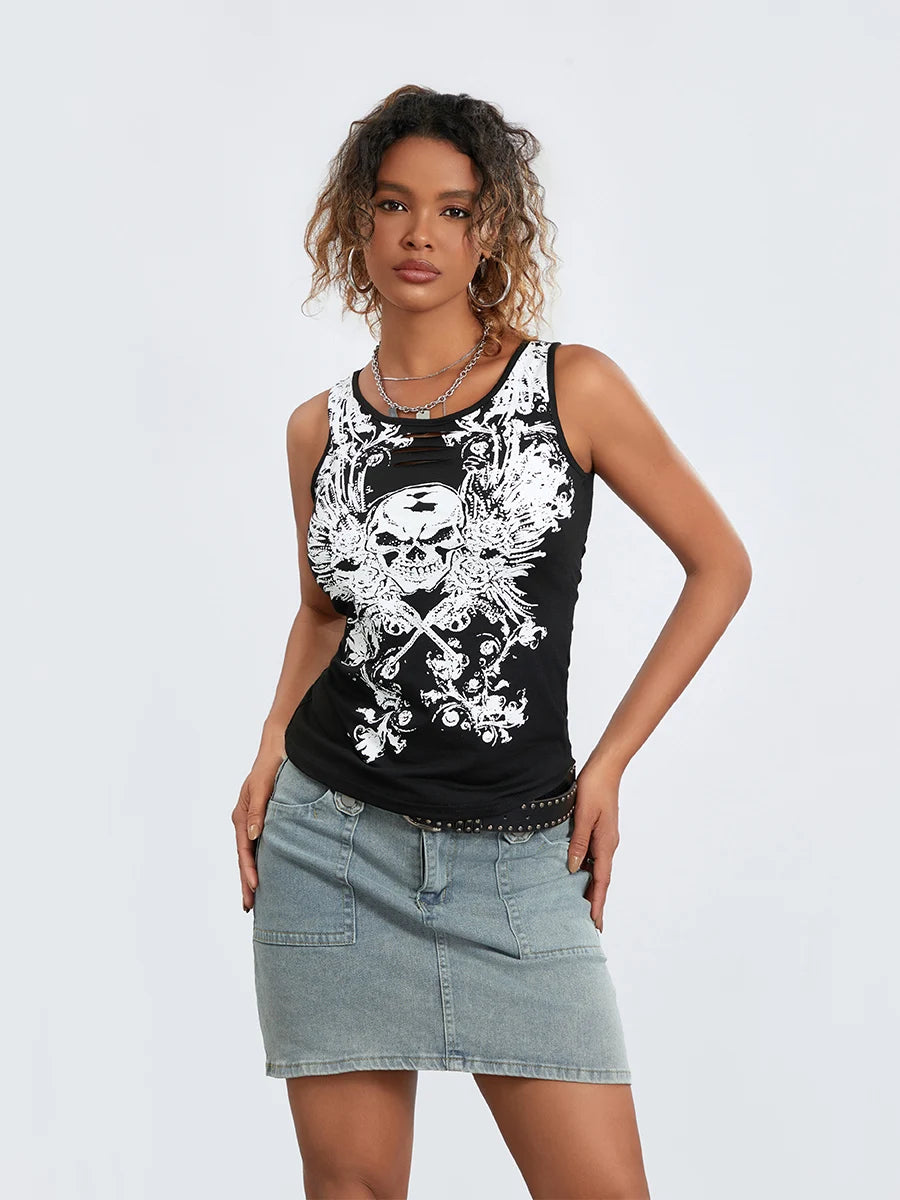 Goth Tank Fairy Grunge Skull Print Hollow-Out Sleeveless Summer Running Crop Top