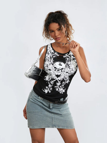 Goth Tank Fairy Grunge Skull Print Hollow-Out Sleeveless Summer Running Crop Top