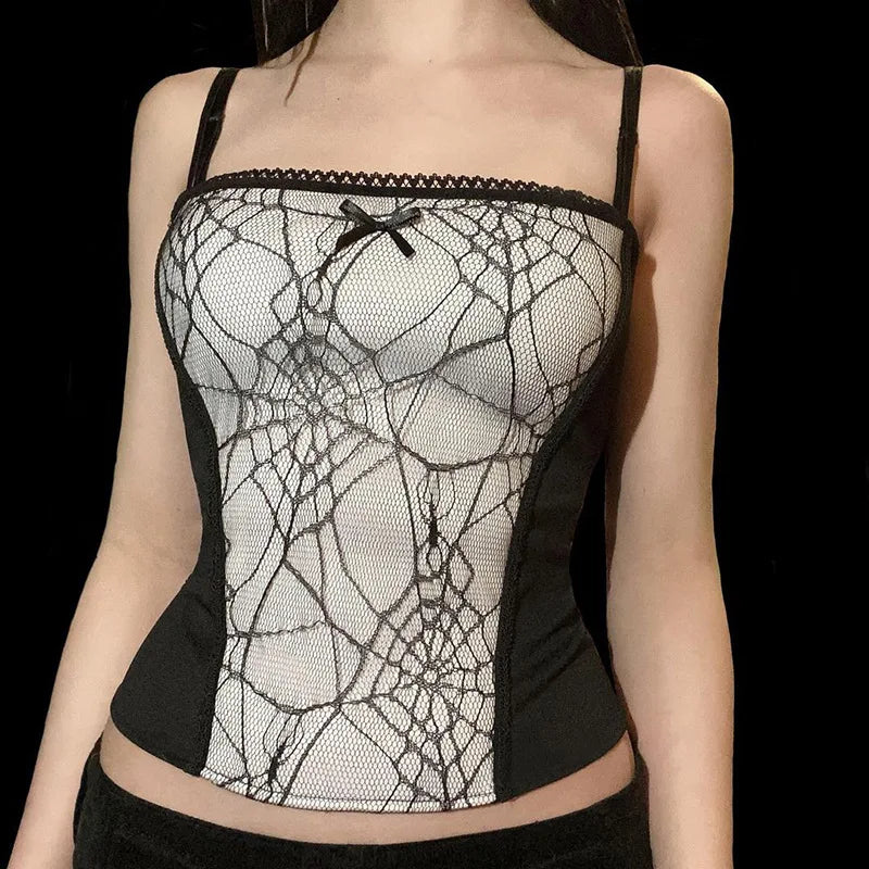 Gothic Spider Web Pattern Sleeveless Backless Zipper Crop Top