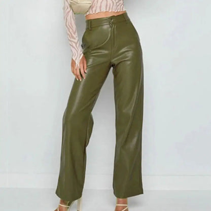 High Waist Solid Color Retro Slim Fit Straight Wide Leg Faux Leather Pants