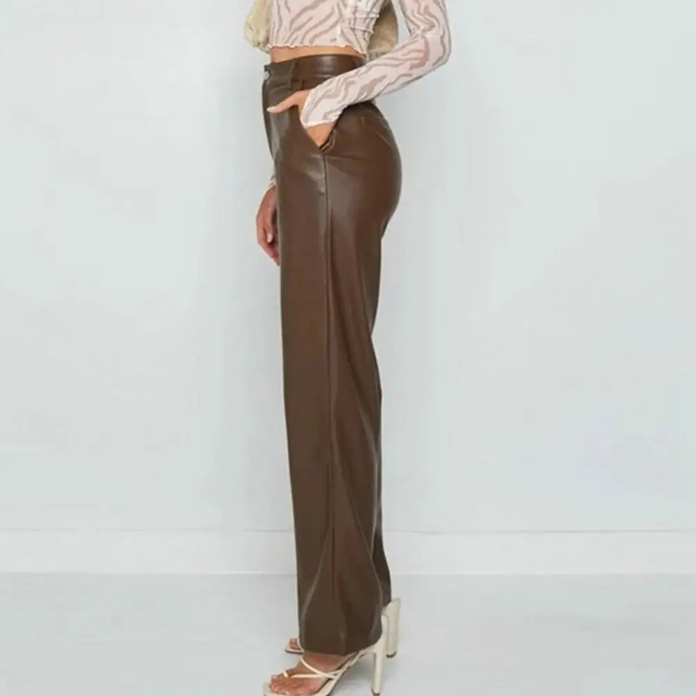 High Waist Solid Color Retro Slim Fit Straight Wide Leg Faux Leather Pants