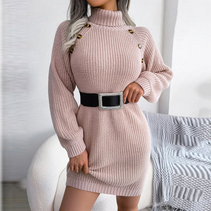 Knitted Turtleneck Autumn Winter Elastic Streetwear Solid Knit Short Dress