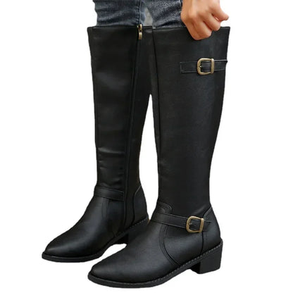 Women PU Leather Autumn Winter Round Toe Knight Platform Square Heel Knee High Boots