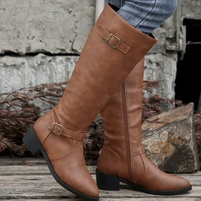 Women PU Leather Autumn Winter Round Toe Knight Platform Square Heel Knee High Boots