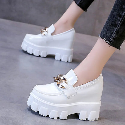 Patent Leather Breathable Chain Chunky High Heels Platform Sneakers Loafers