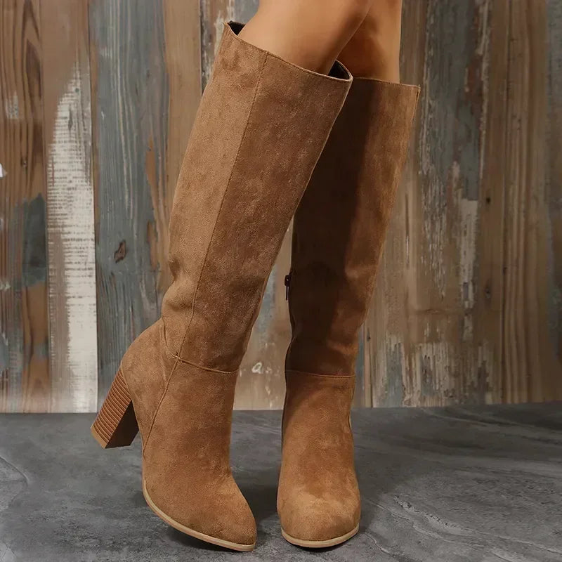 Women Retro Heels Western Cowboy Warm Plush Leather Suede Knee High Boots