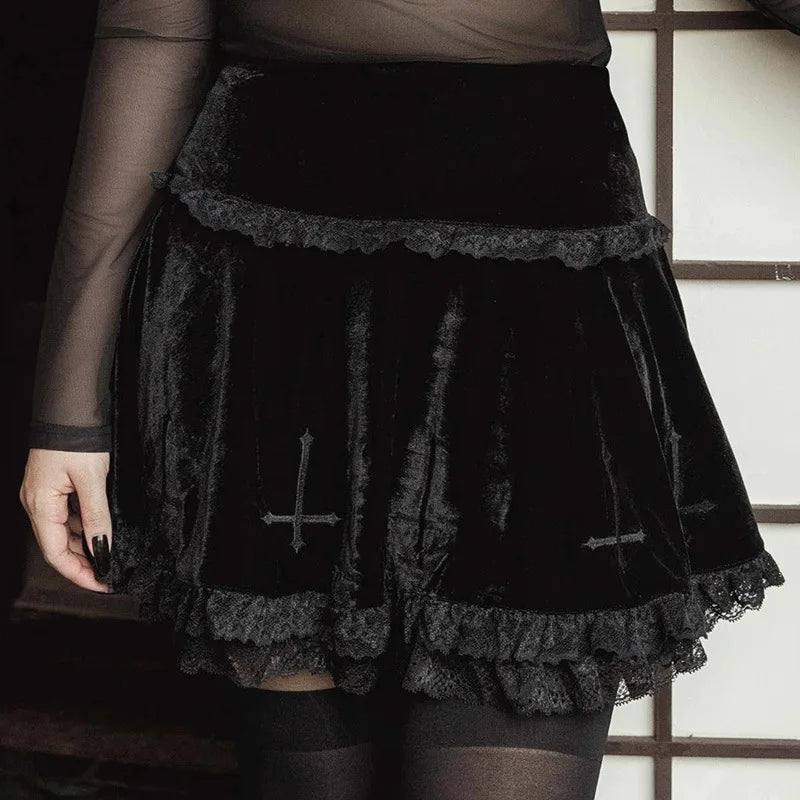 Sexy Fashion Summer Embroidery Black Gothic Casual Stylish Lace Trim Skirt