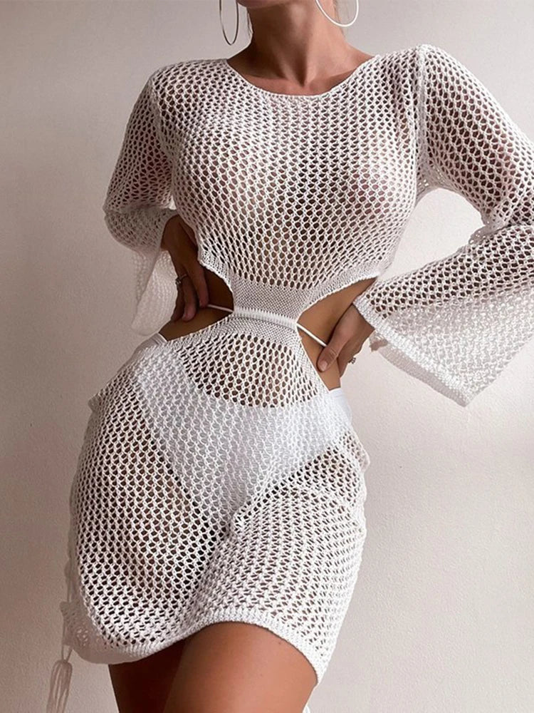 Women Sexy White Cutout Long Cover Up Midi Dresses